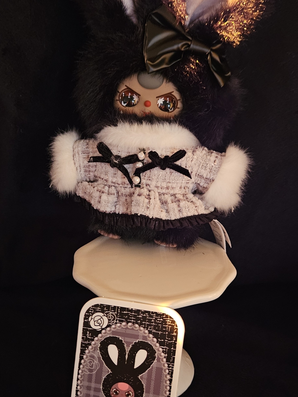 Kuwaii Black Faux-Fur Bunny Doll with Pink Tweed Dress